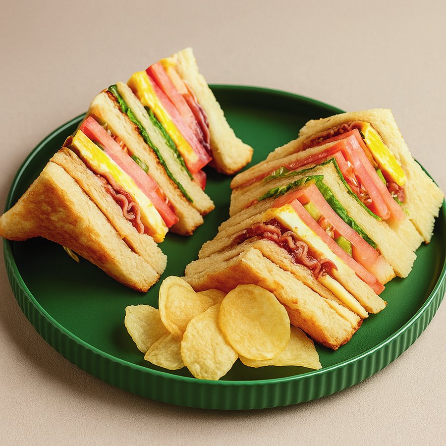 Sándwich Club con pechuga de pollo, jamón, queso, tocineta y papas